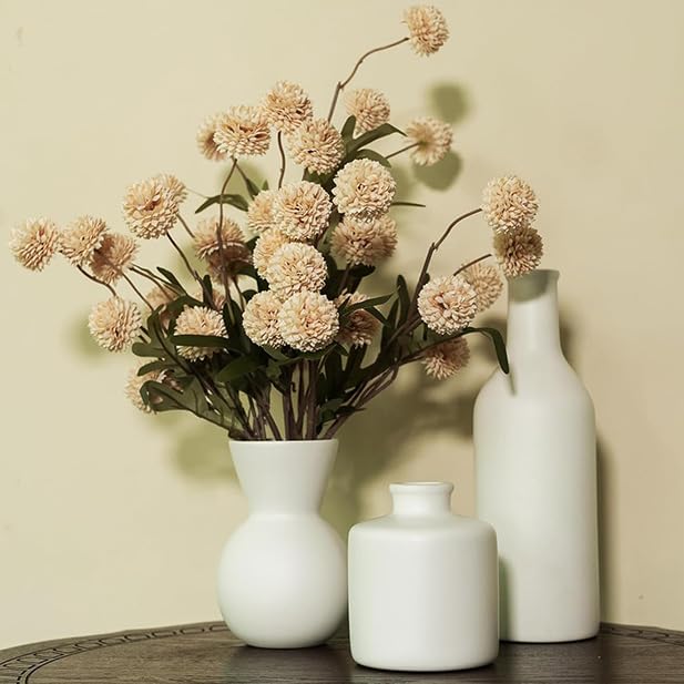 TBOHCRAFED Ceramic Flower Vase Set of 3, Fake Flowers in Vase for Centerpieces with 8 Artificial Autumn Chrysanthemums Artificial Decorative Swags