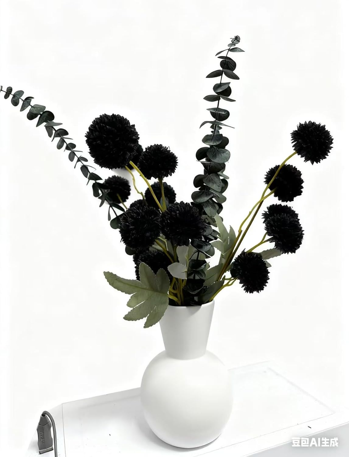 6 Artificial Silk Flowers + 3 Eucalyptus, Artificial Chrysanthemums with Stems for Home Decor, Black