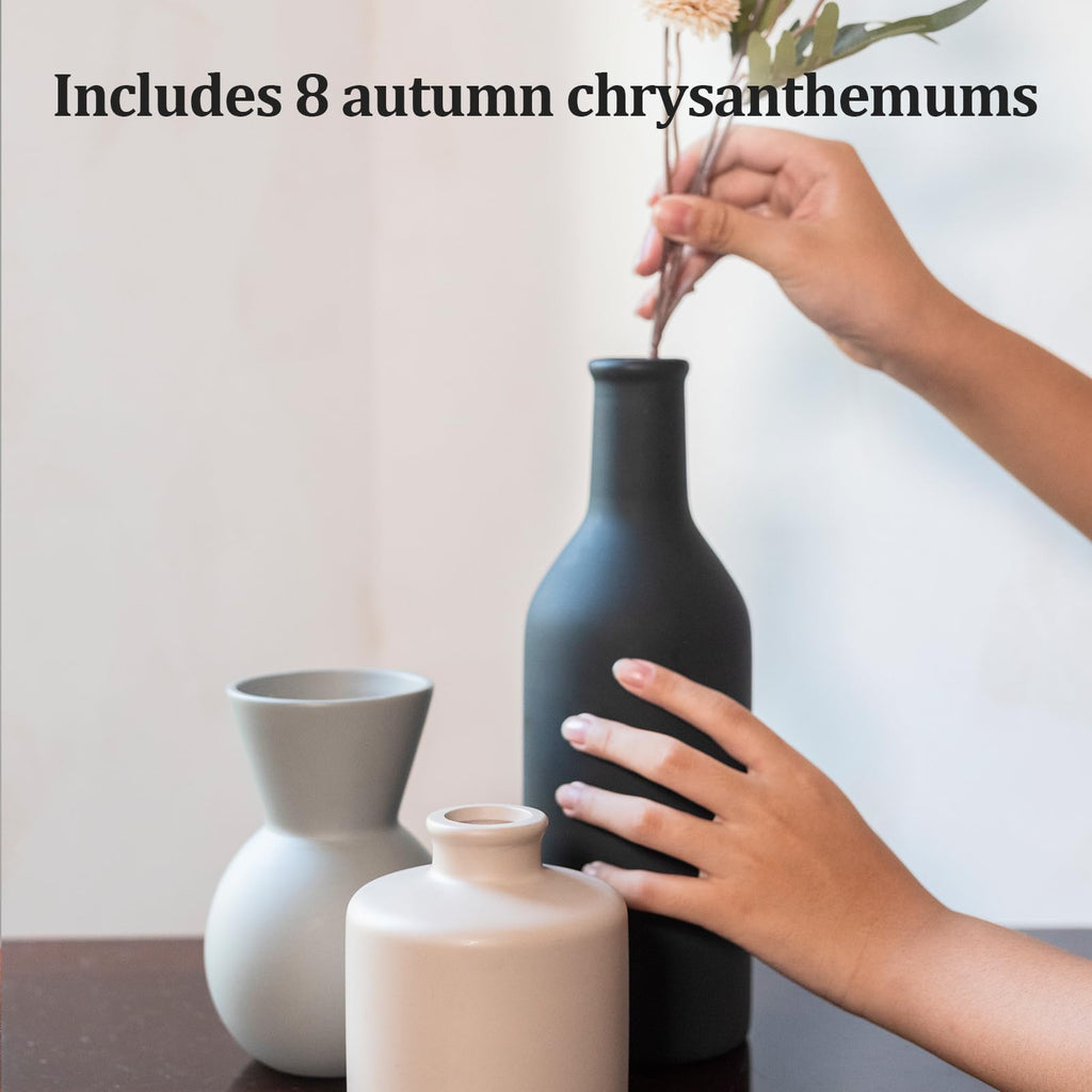 TBOHCRAFED Ceramic Flower Vase Set of 3, Fake Flowers in Vase for Centerpieces with 8 Artificial Autumn Chrysanthemums Artificial