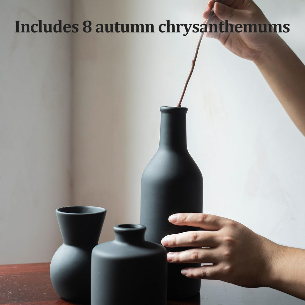 Ceramic Flower Vase Set of 3, Fake Flowers in Vase for Centerpieces with 8 Artificial Autumn Chrysanthemums Artificial Decorative Swags