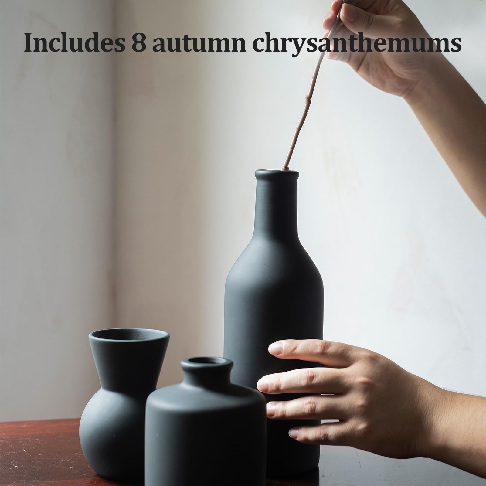 Ceramic Flower Vase Set of 3, Fake Flowers in Vase for Centerpieces with 8 Artificial Autumn Chrysanthemums Artificial Decorative Swags