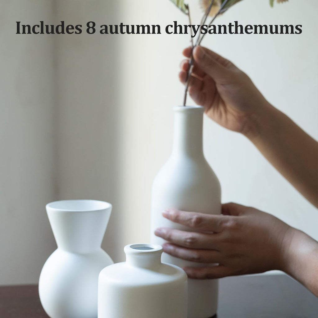 TBOHCRAFED Ceramic Flower Vase Set of 3, Fake Flowers in Vase for Centerpieces with 8 Artificial Autumn Chrysanthemums Artificial Decorative Swags