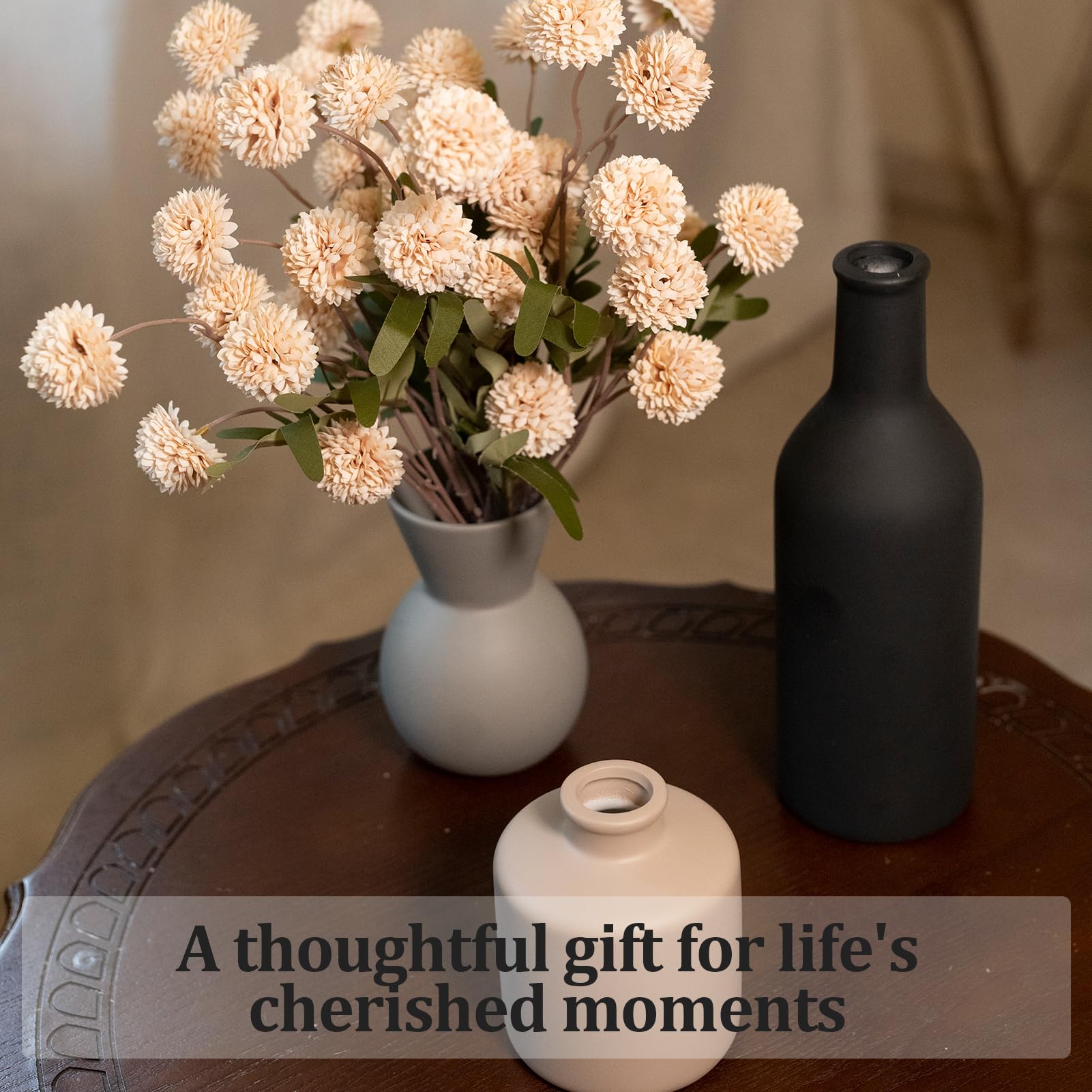 TBOHCRAFED Ceramic Flower Vase Set of 3, Fake Flowers in Vase for Centerpieces with 8 Artificial Autumn Chrysanthemums Artificial