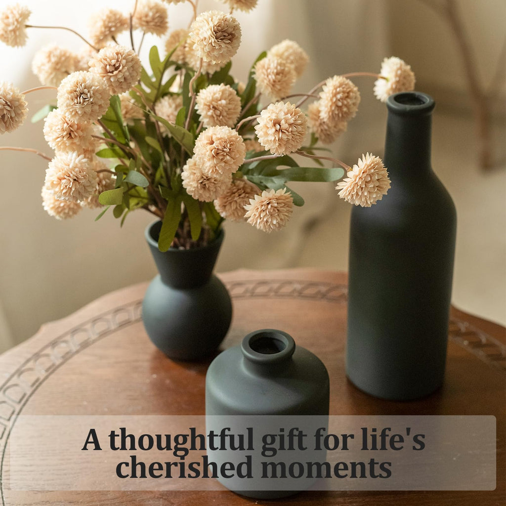 Ceramic Flower Vase Set of 3, Fake Flowers in Vase for Centerpieces with 8 Artificial Autumn Chrysanthemums Artificial Decorative Swags