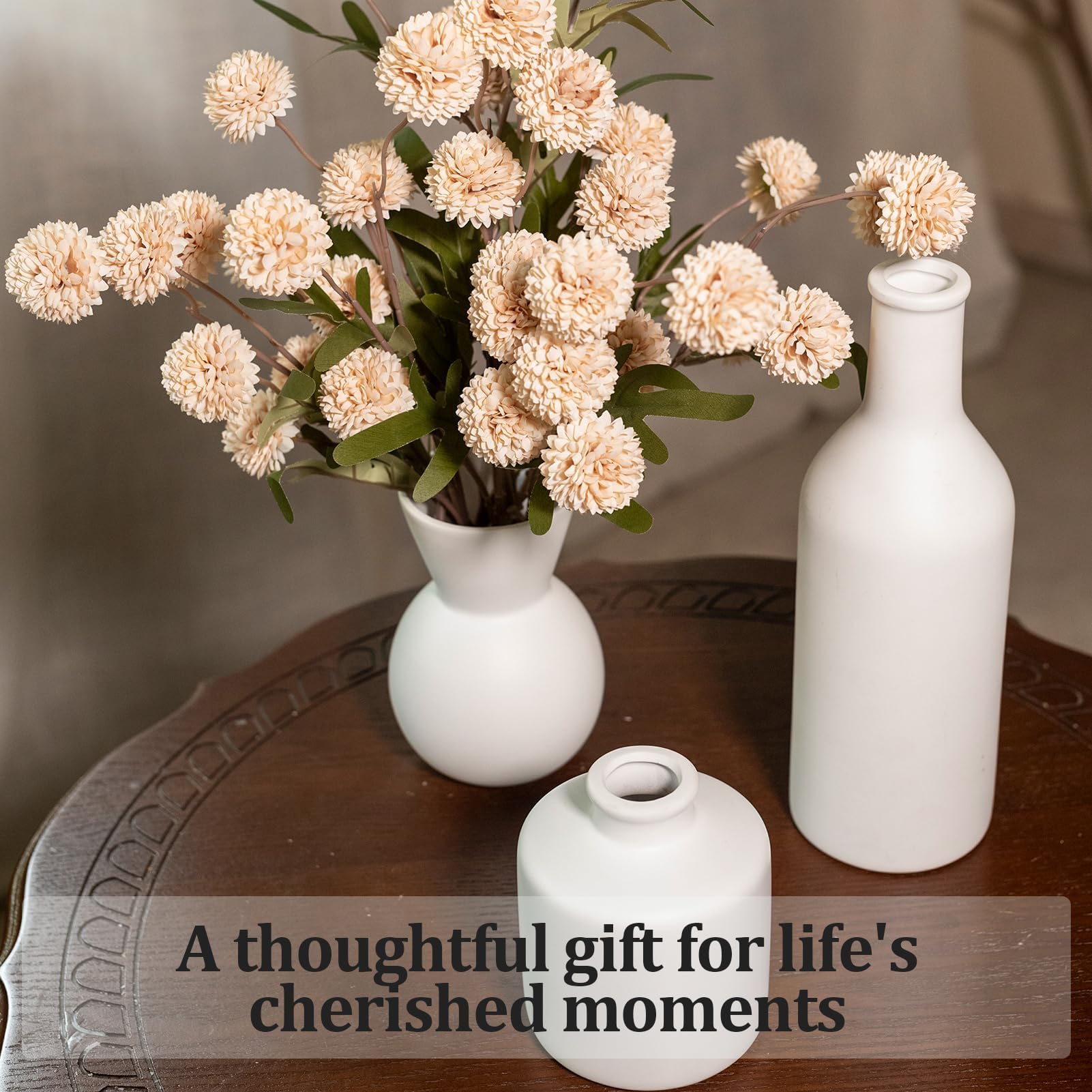 TBOHCRAFED Ceramic Flower Vase Set of 3, Fake Flowers in Vase for Centerpieces with 8 Artificial Autumn Chrysanthemums Artificial Decorative Swags