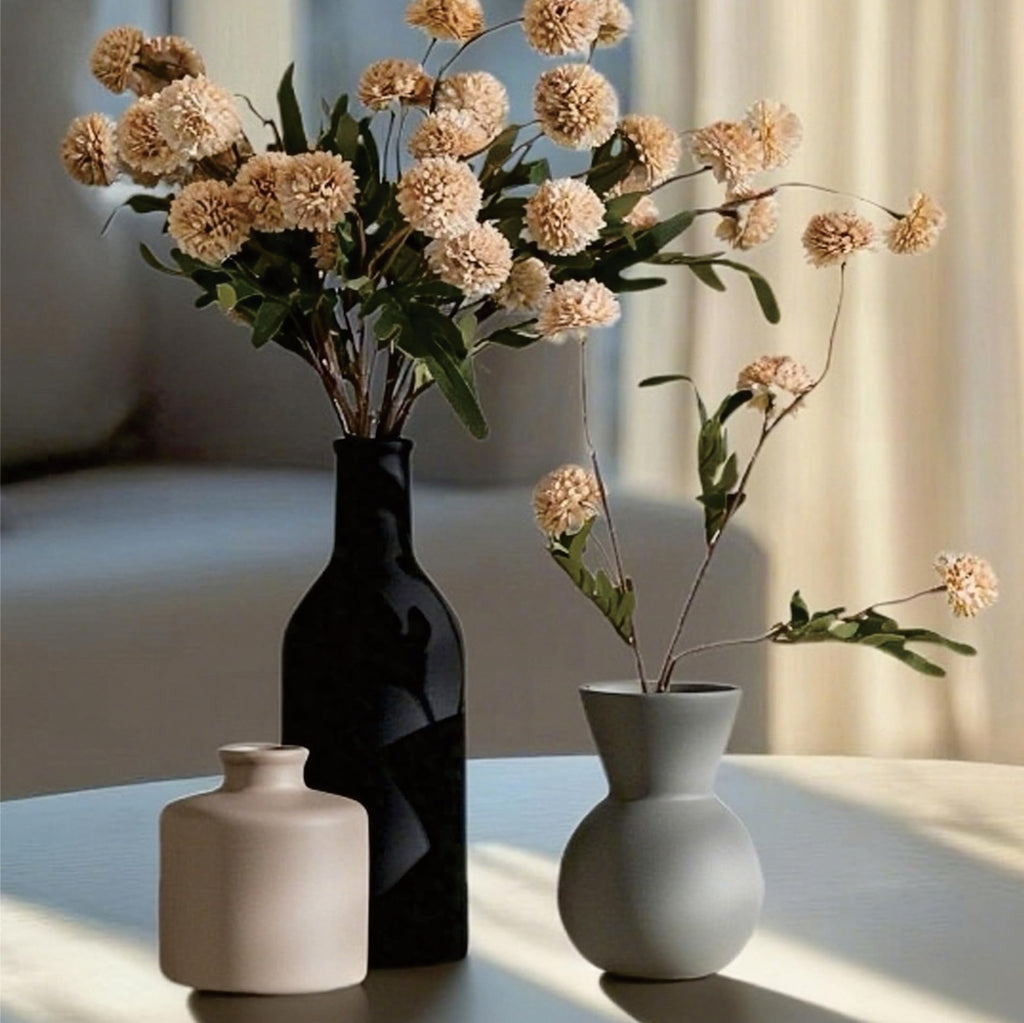 TBOHCRAFED Ceramic Flower Vase Set of 3, Fake Flowers in Vase for Centerpieces with 8 Artificial Autumn Chrysanthemums Artificial