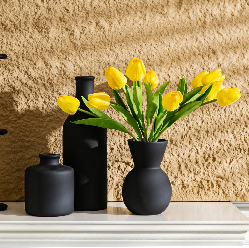 Ceramic Flower Vase Set of 3, Fake Flowers in Vase for Centerpieces with 8 Artificial Autumn Chrysanthemums Artificial Decorative Swags