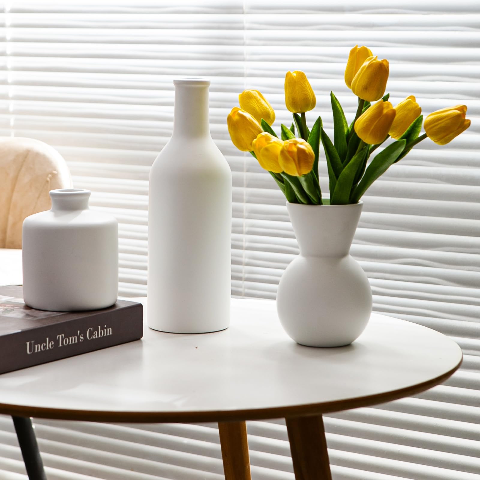 TBOHCRAFED Ceramic Flower Vase Set of 3, Fake Flowers in Vase for Centerpieces with 8 Artificial Autumn Chrysanthemums Artificial Decorative Swags