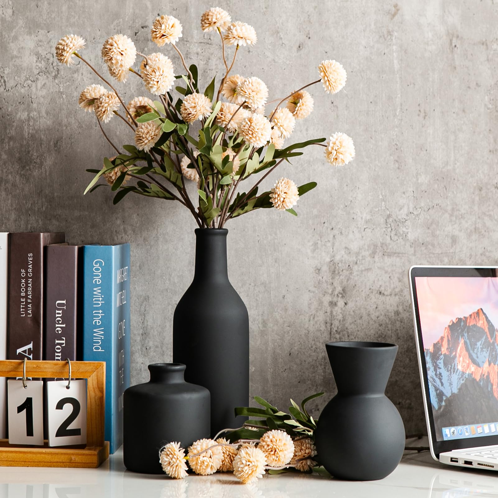 Ceramic Flower Vase Set of 3, Fake Flowers in Vase for Centerpieces with 8 Artificial Autumn Chrysanthemums Artificial Decorative Swags